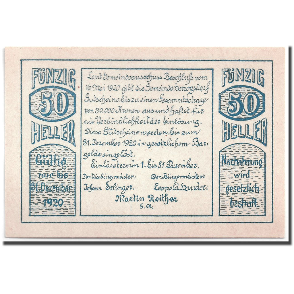Banknote, Austria, Herzogsdorf, 50 Heller, paysage, 1920, 1920-05-16, UNC(63)