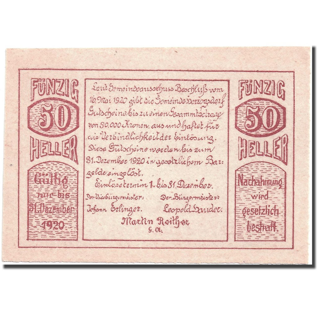Banknote, Austria, Herzogsdorf, 50 Heller, paysage 1, 1920, 1920-05-16, UNC(63)
