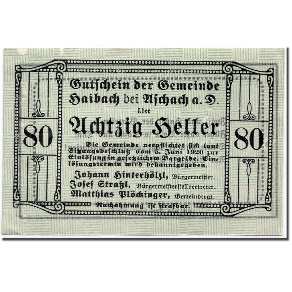 Banknote, Austria, Haibach, 80 Heller, graphique, 1920, 1920-06-05, UNC(63)