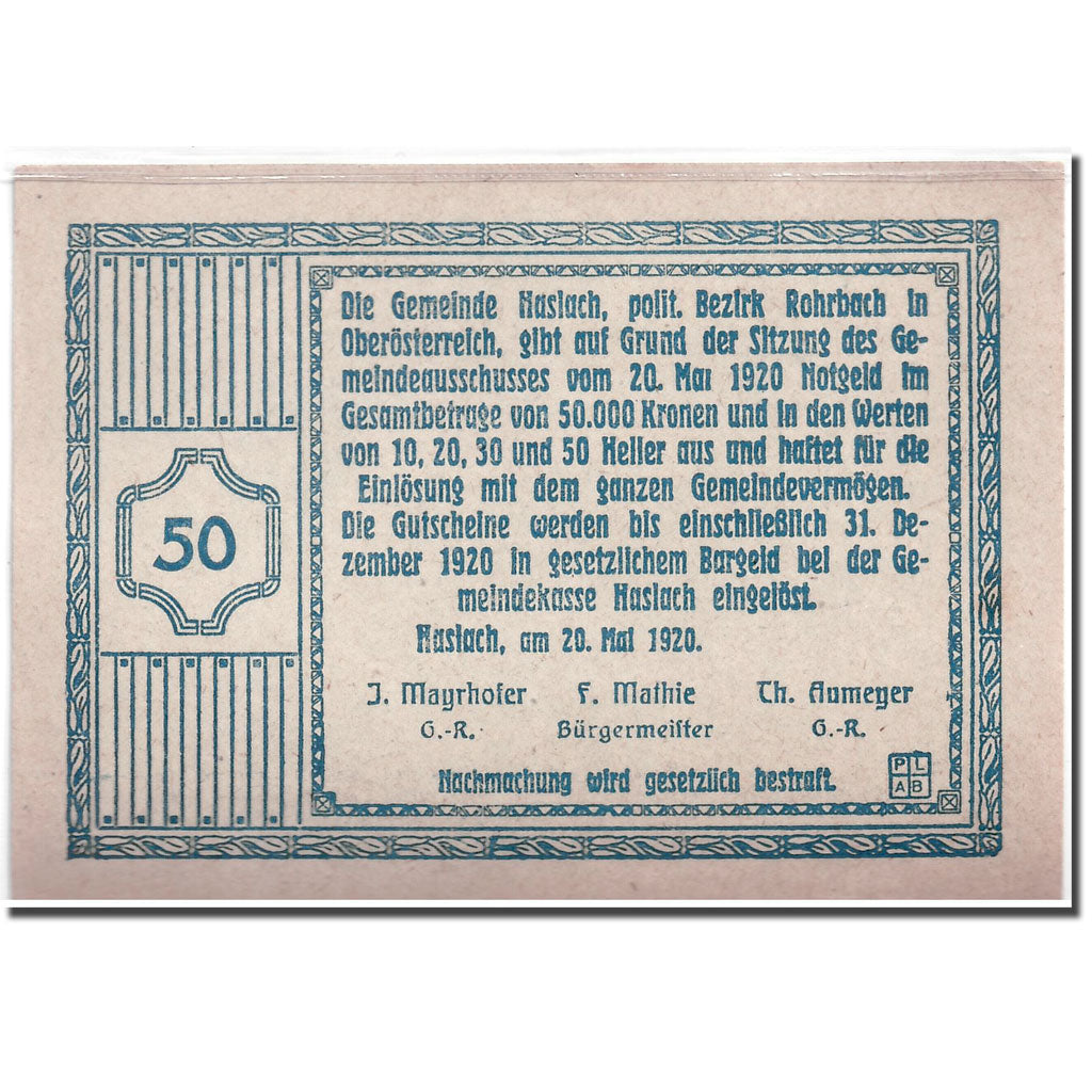 Banknote, Austria, Haslach, 50 Heller, paysage, 1920, 1920-05-20, UNC(63)