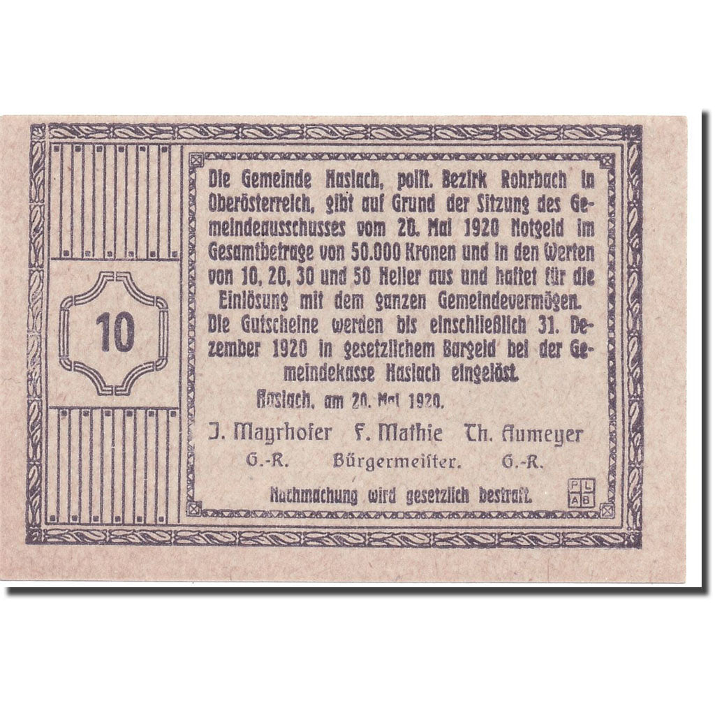 Banknote, Austria, Haslach, 10 Heller, château, 1920, 1920-05-20, UNC(63)