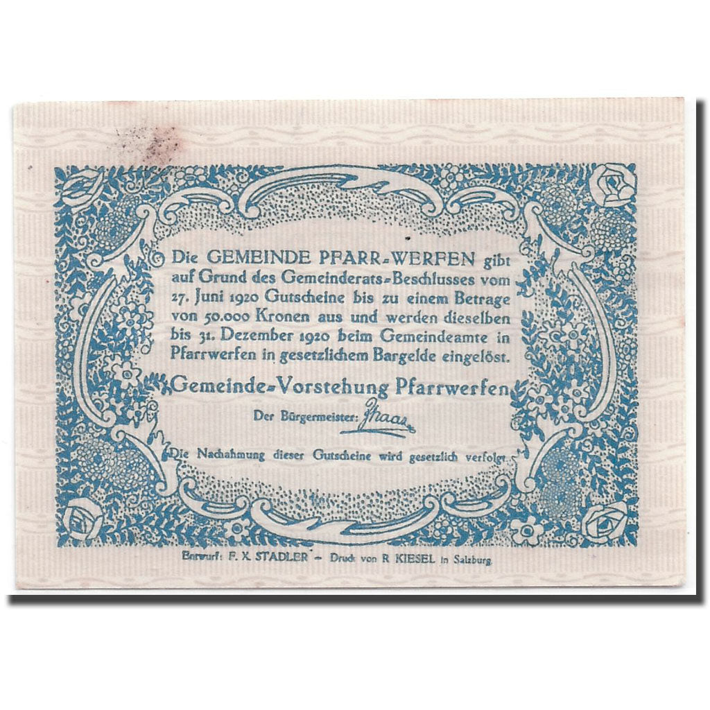Banknote, Austria, Pfarrwerfen, 50 Heller, paysage, 1920, 1920-06-27, UNC(63)
