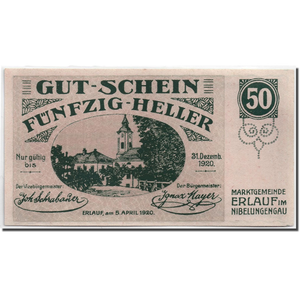 Banknote, Austria, Erlauf, 50 Heller, Eglise, 1920, 1920-04-05, UNC(63)