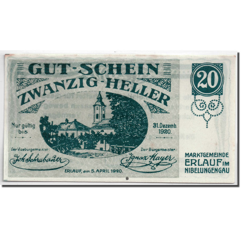 Banknote, Austria, Erlauf, 20 Heller, Eglise, 1920, 1920-04-05, UNC(63)