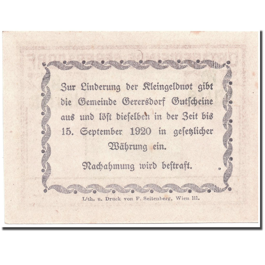 Banknote, Austria, Gerersdorf, 10 Heller, paysage, 1920, 1920-09-15, UNC(63)
