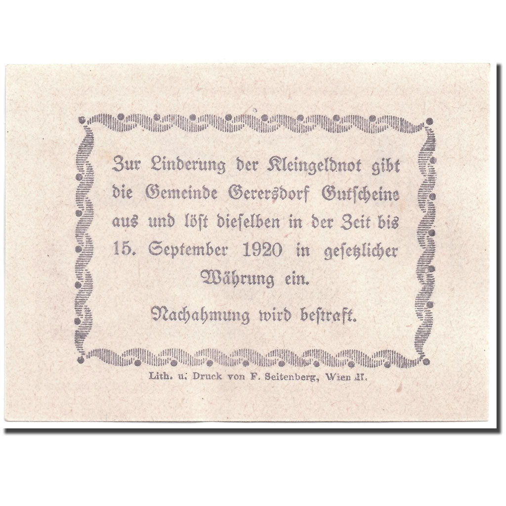 Banknote, Austria, Gerersdorf, 20 Heller, paysage, 1920, 1920-09-15, UNC(63)