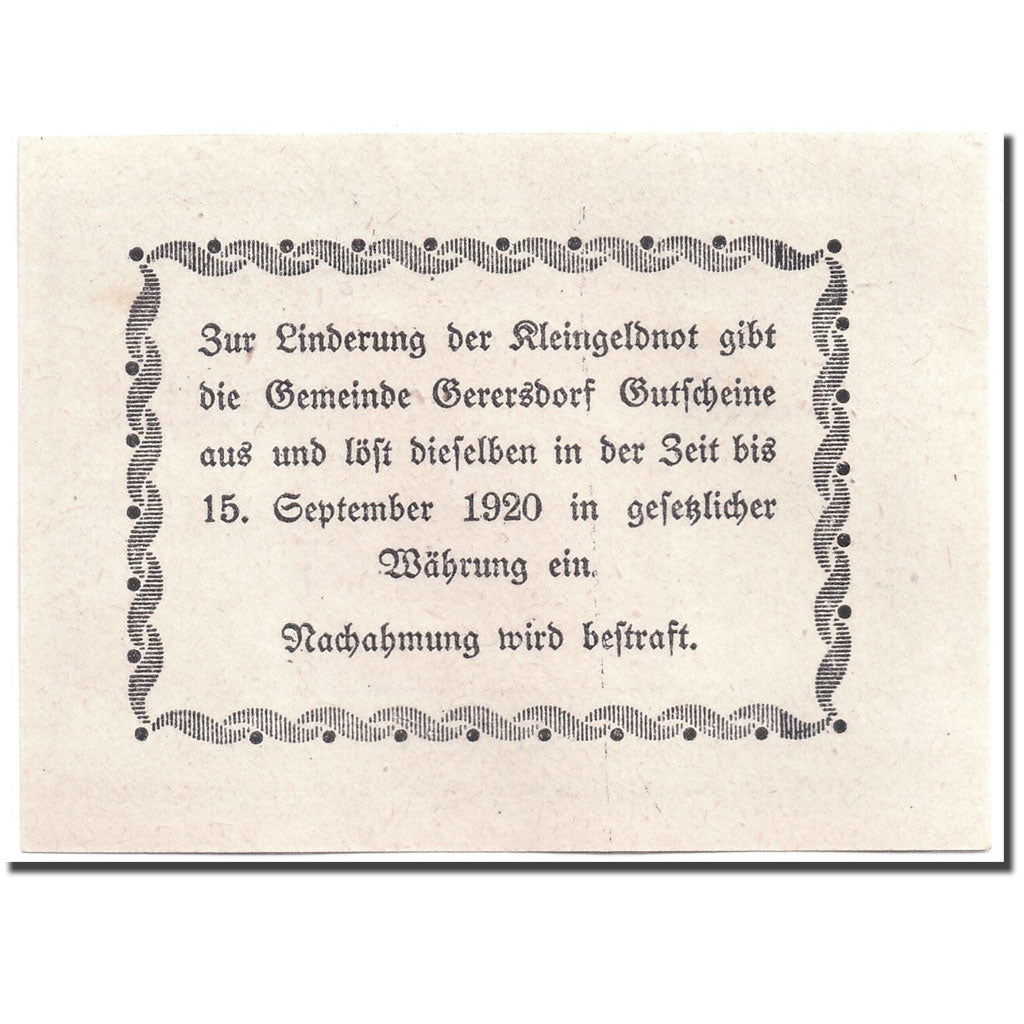 Banknote, Austria, Gerersdorf, 50 Heller, paysage, 1920, 1920-09-15, UNC(63)