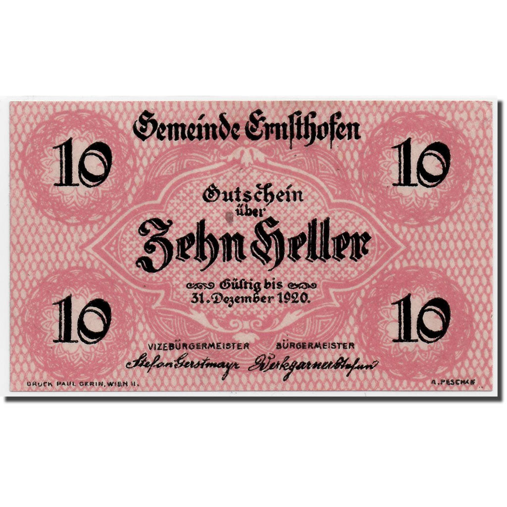 Banknote, Austria, Ernsthofen, 10 Heller, Eglise, UNC(63), Mehl:184a