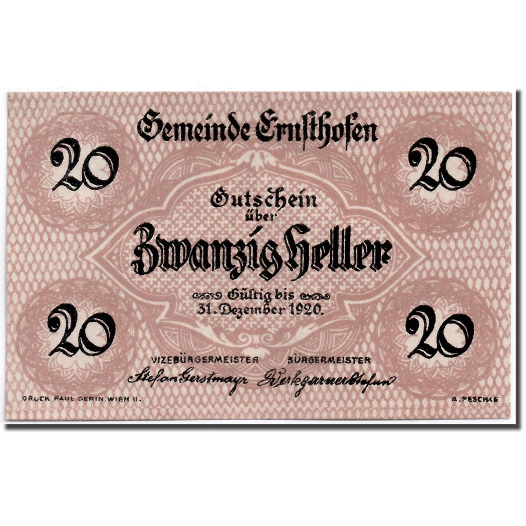 Banknote, Austria, Ernsthofen, 20 Heller, Eglise, UNC(63), Mehl:184a