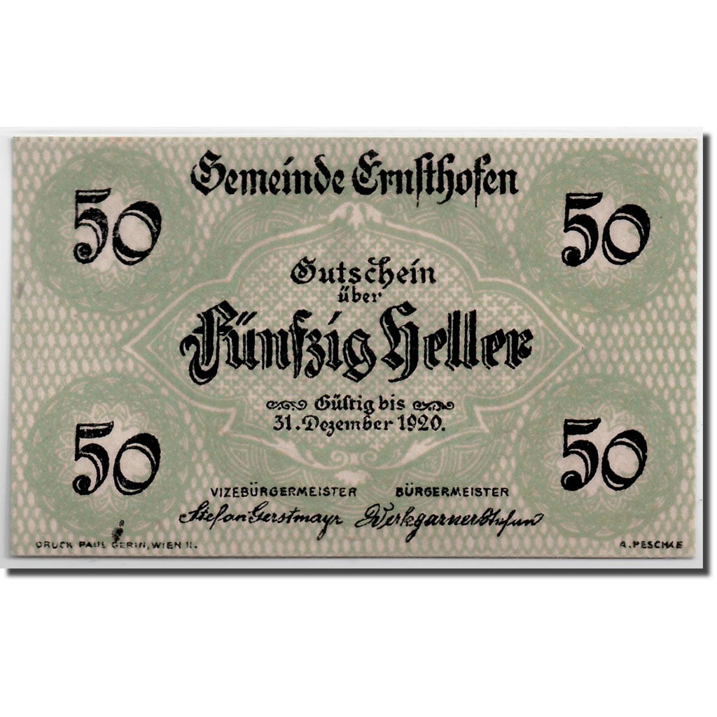 Banknote, Austria, Ernsthofen, 50 Heller, Eglise, UNC(63), Mehl:184a