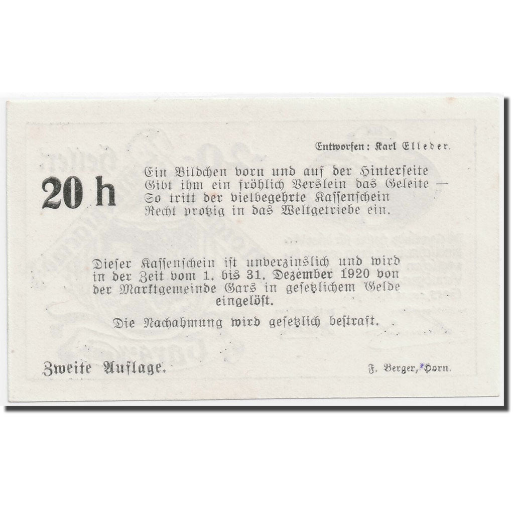 Banknote, Austria, Gars am Kamp, 20 Heller, Ecusson, 1920, 1920-04-28, UNC(63)