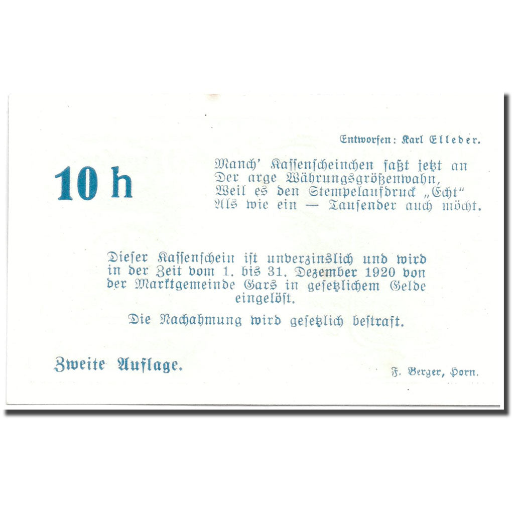 Banknote, Austria, Gars am Kamp, 10 Heller, Ecusson, 1920, 1920-04-28, UNC(63)