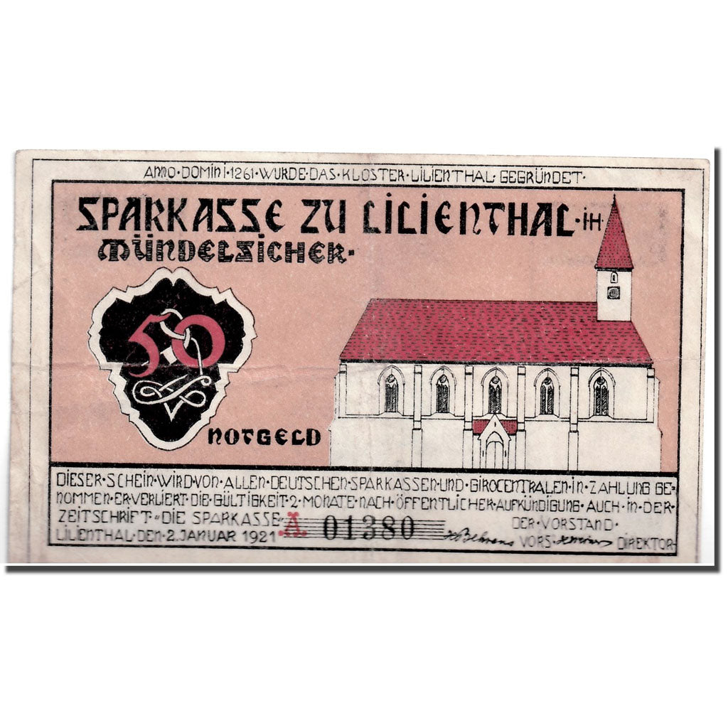 Banknote, Germany, Lilienthal, 50 Pfennig, Eglise, 1921, 1921-03-15, UNC(63)