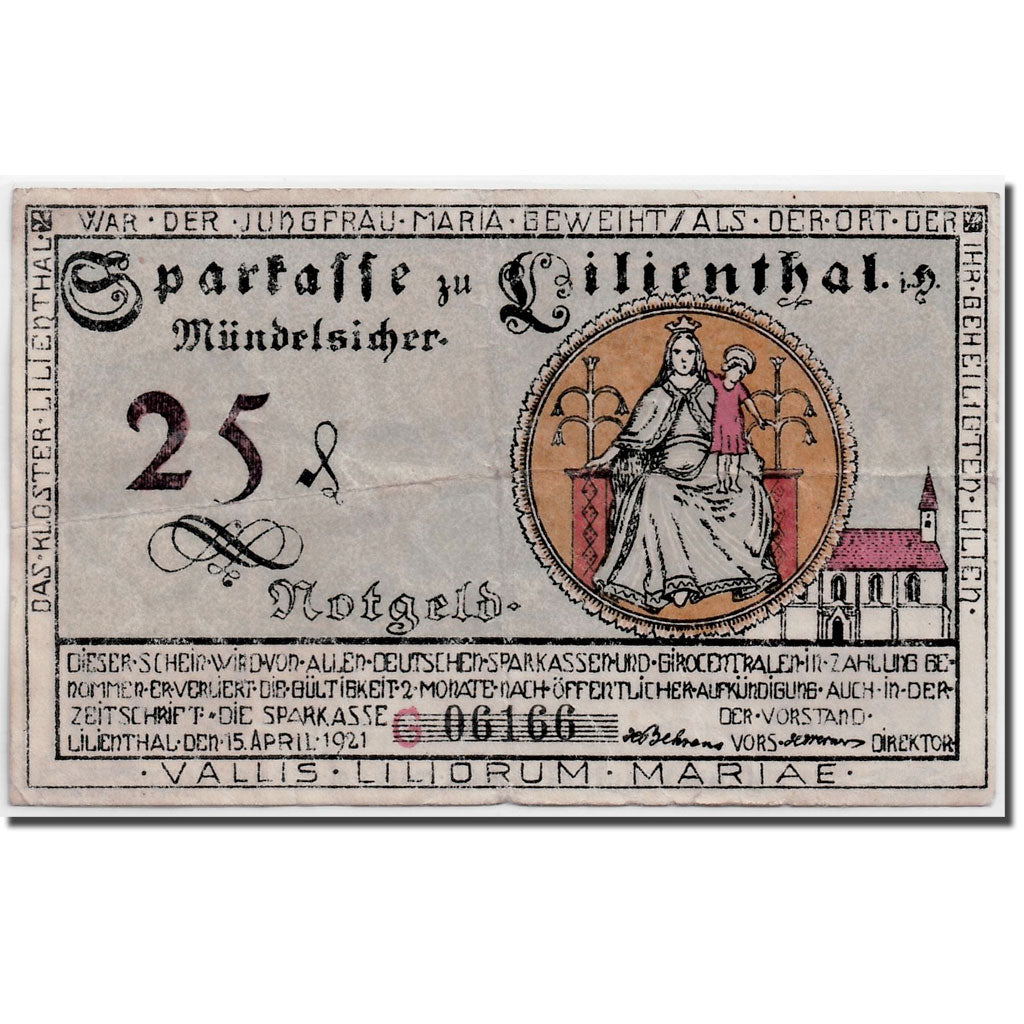 Banknote, Germany, Lilienthal, 25 Pfennig, personnage, 1921, 1921-03-15