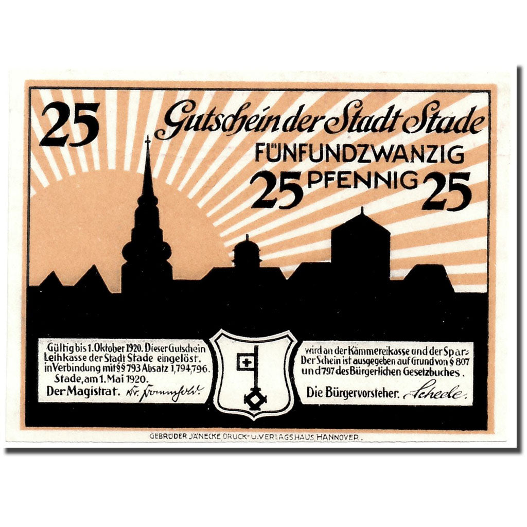 Banknote, Germany, Stade, 25 Pfennig, paysage, 1920, 1920-05-01, UNC(63)