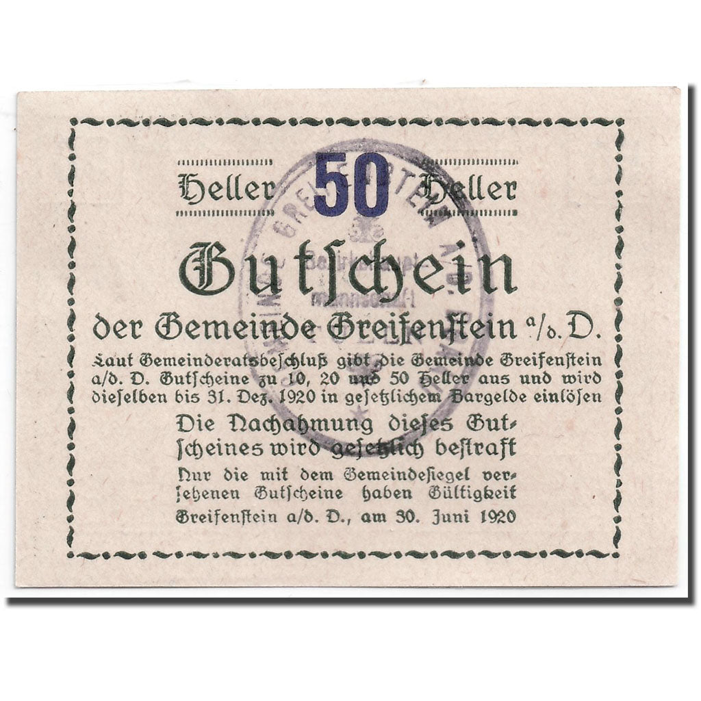 Banknote, Austria, Greifenstein N.Ö. Gemeinde, 50 Heller, tour, 1920