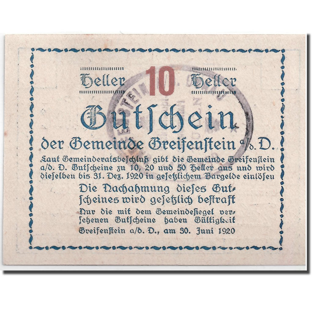 Banknote, Austria, Greifenstein N.Ö. Gemeinde, 10 Heller, tour, 1920