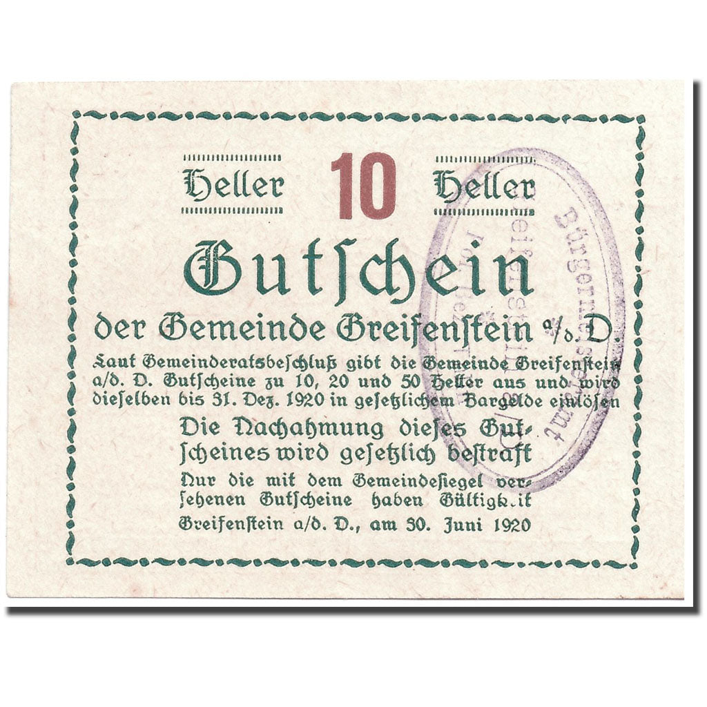 Banknote, Austria, Greifenstein N.Ö. Gemeinde, 10 Heller, tour 1, 1920