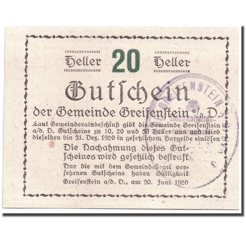 Banknote, Austria, Greifenstein N.Ö. Gemeinde, 20 Heller, tour 1, 1920