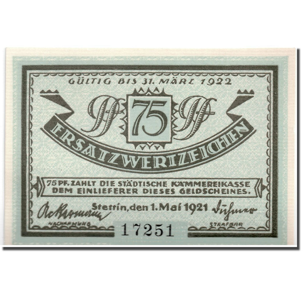Banknote, Germany, Stettin, 75 Pfennig, paysage, 1921, 1921-05-01, UNC(63)