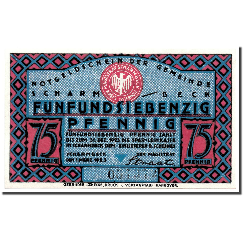 Banknote, Germany, Scharmbeck Stadt, 75 Pfennig, agriculteur, 1920, 1920-12-01