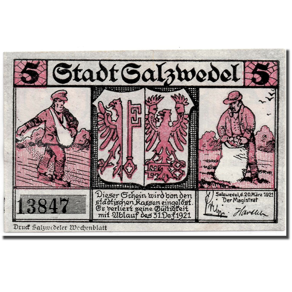 Banknote, Germany, Salzwedel, 5 Pfennig, personnage, 1921, 1921-03-20, UNC(63)