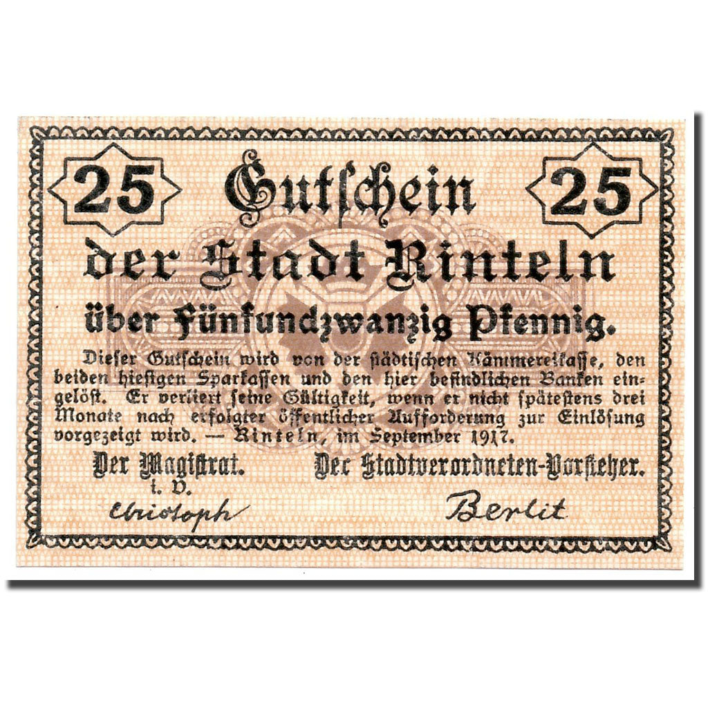 Banknote, Germany, Rinteln, 25 Pfennig, graphique, 1918, 1918-02-02, UNC(63)