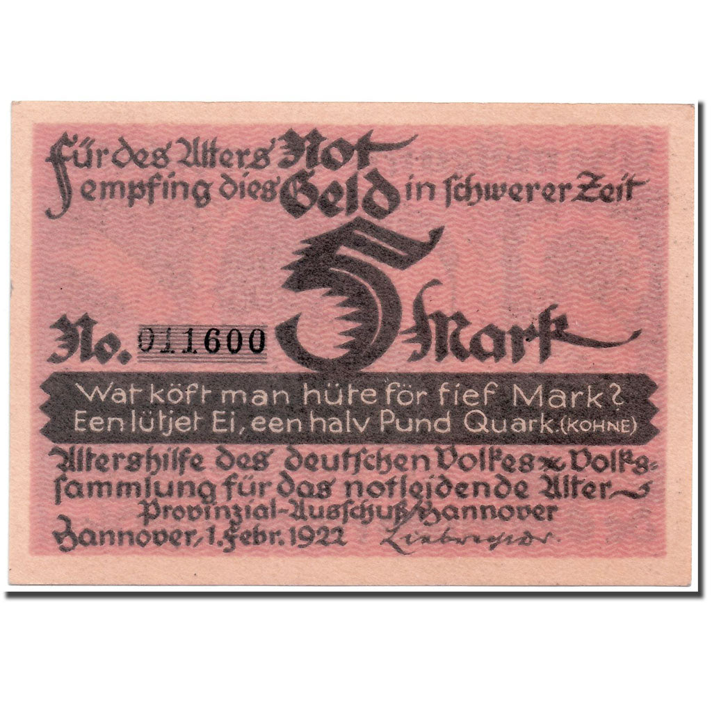 Banknot, Niemcy, Hannover, 5 Mark, portrait, 1922, 1922-02-01, UNC(63)