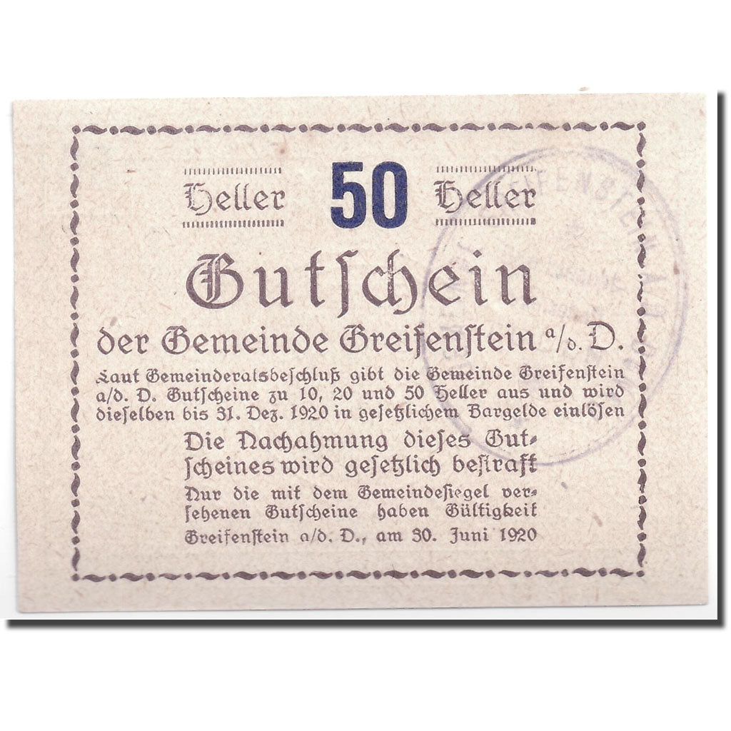 Banknote, Austria, Greifenstein N.Ö. Gemeinde, 50 Heller, tour 1, 1920