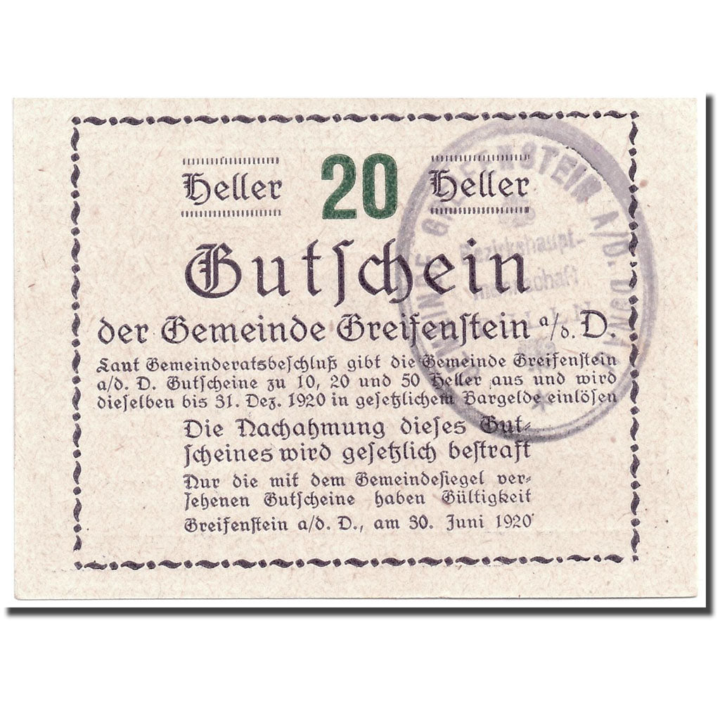 Banknote, Austria, Greifenstein N.Ö. Gemeinde, 20 Heller, tour 1, 1920