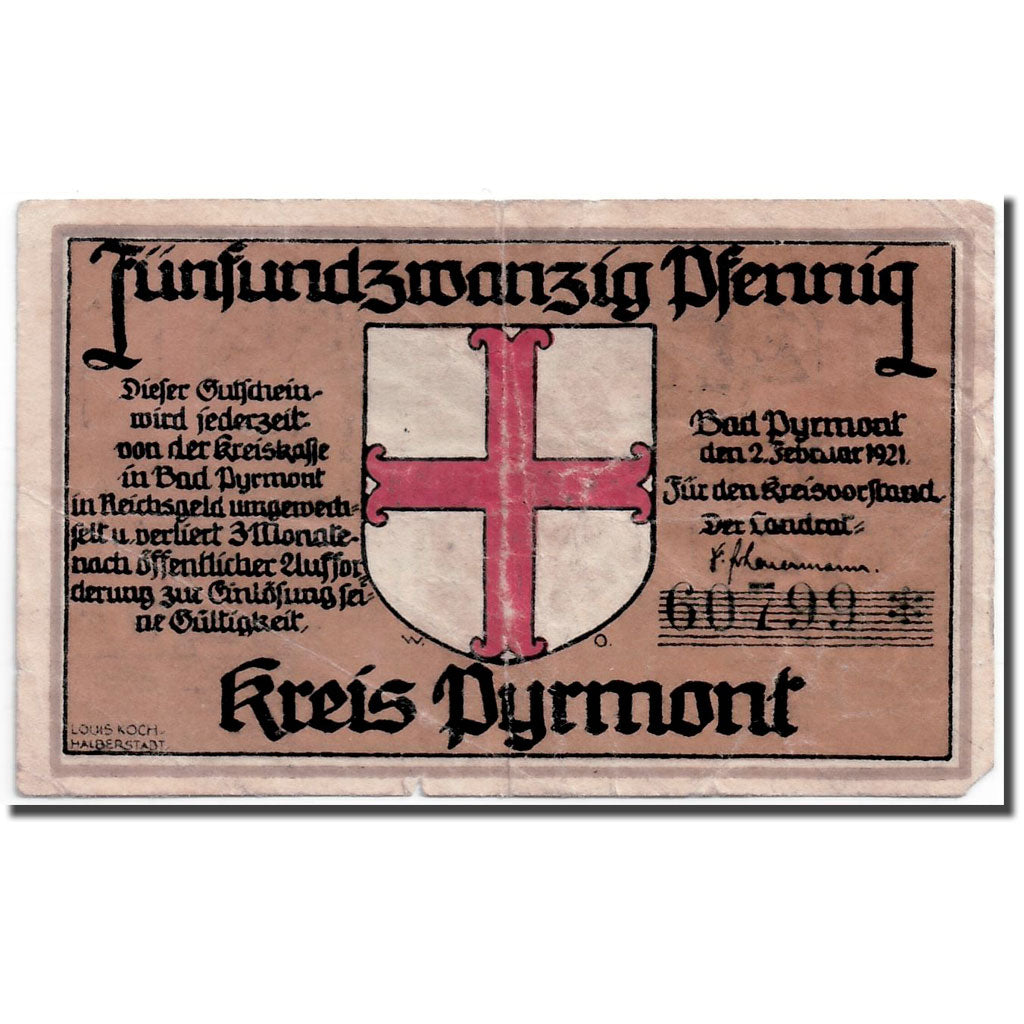 Banknote, Germany, Pyrmont, 25 Pfennig, personnage, 1921, 1921-02-02, UNC(63)