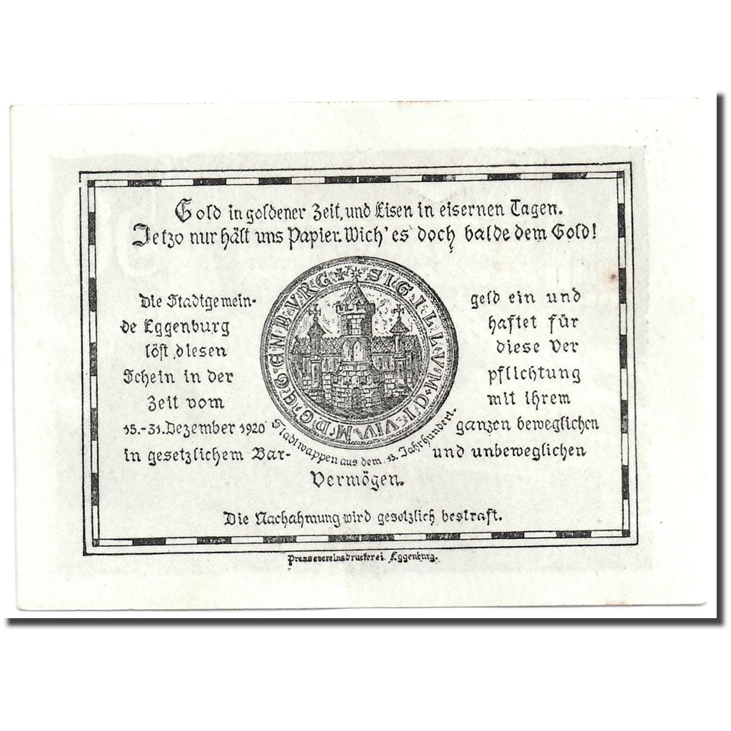 Banknote, Austria, Eggenburg, 50 Heller, paysage, 1920, 1920-12-31, UNC(63)