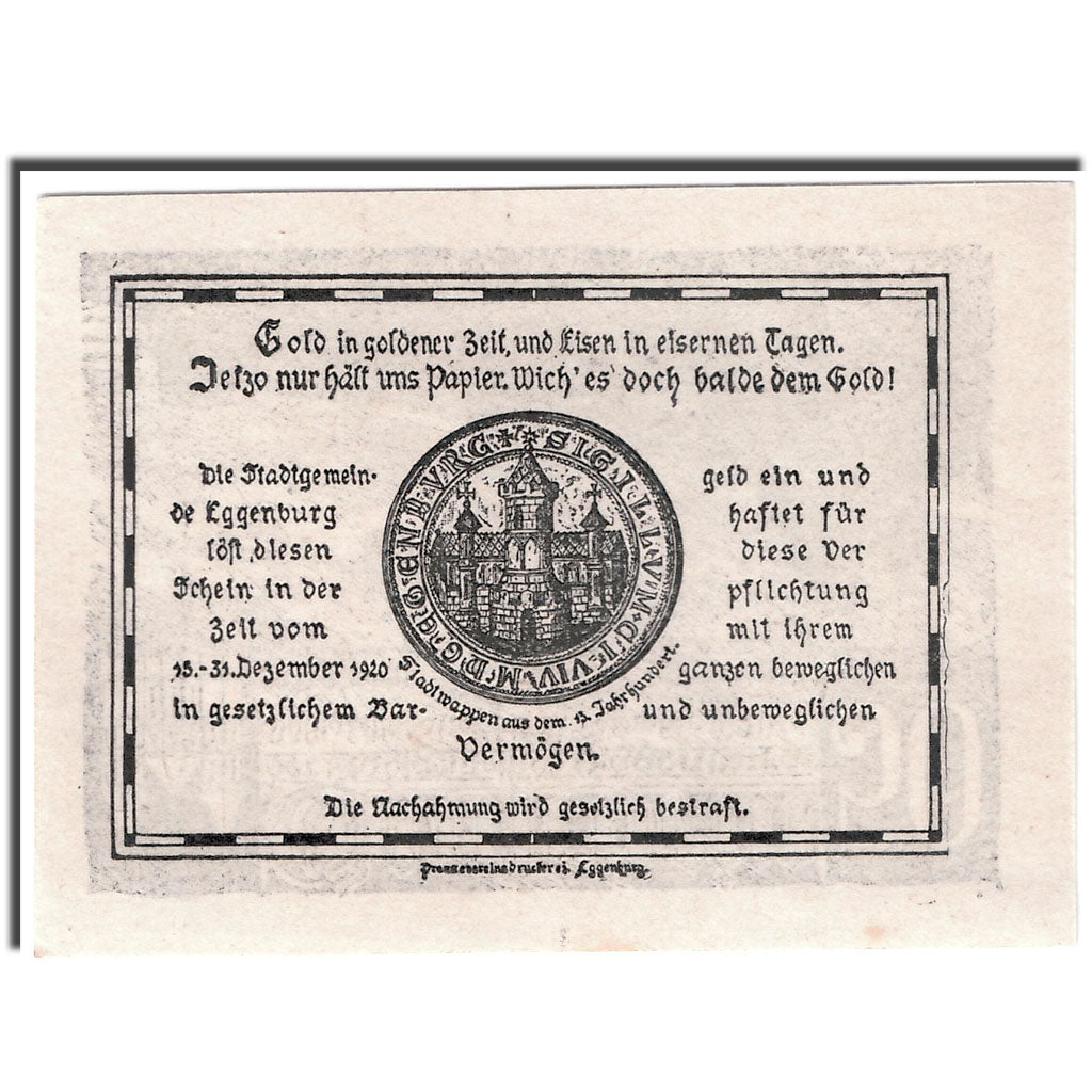 Banknote, Austria, Eggenburg, 50 Heller, paysage, 1920, 1920-12-31, UNC(63)