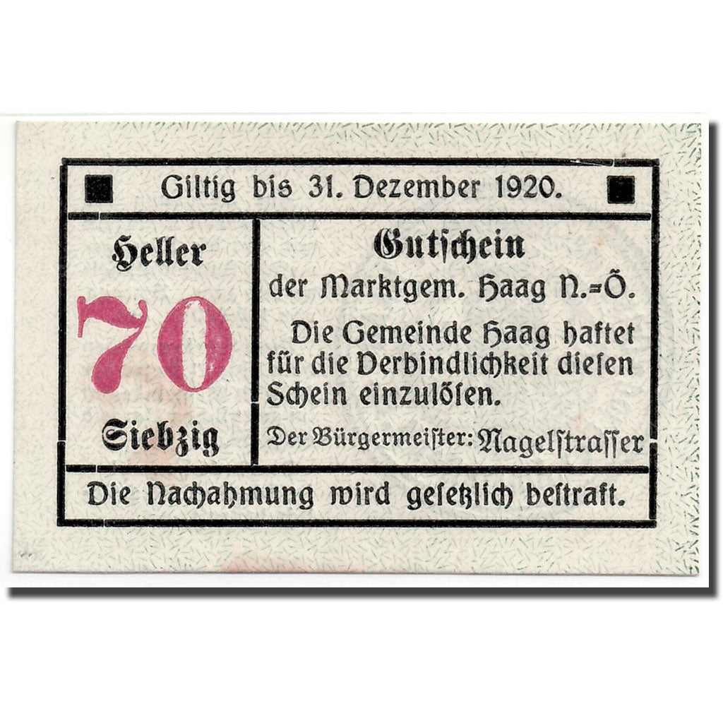 Banknote, Austria, Haag, 70 Heller, Ecusson, 1920, 1919-12-20, UNC(63), Mehl:FS