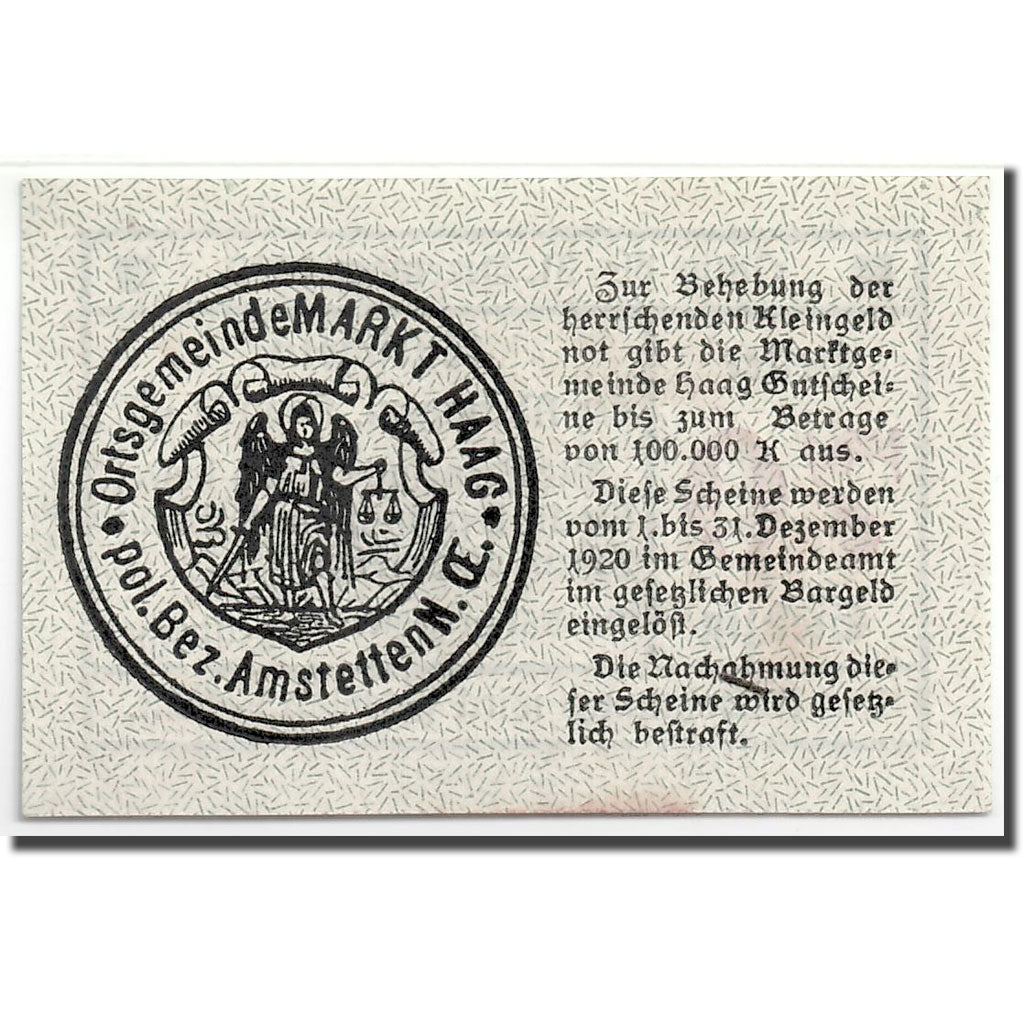 Banknote, Austria, Haag, 70 Heller, Ecusson, 1920, 1919-12-20, UNC(63), Mehl:FS