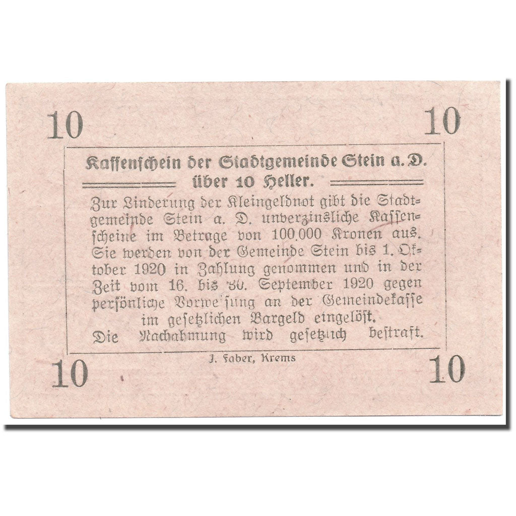 Banknote, Austria, Stein an der Donau, 10 Heller, paysage, 1920, 1920-09-30