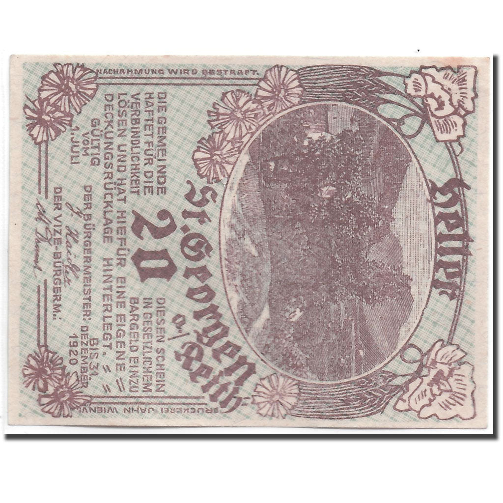 Banknote, Austria, St Georgen, 20 Heller, paysage, 1920, 1920-07-01, UNC(63)
