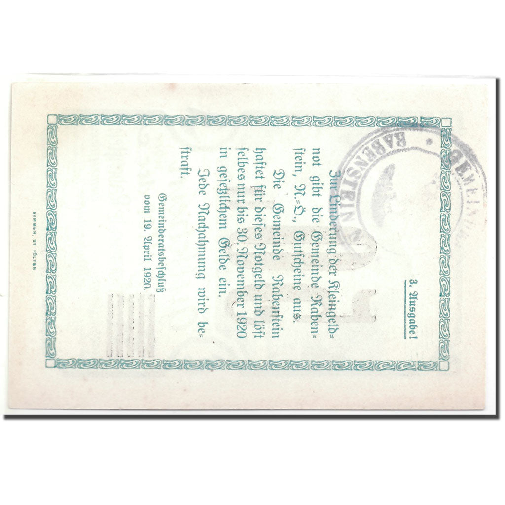 Banknotes, Austria, Rabenstein, 50 Heller, paysage, 1920, 1920-04-19, UNC(63)