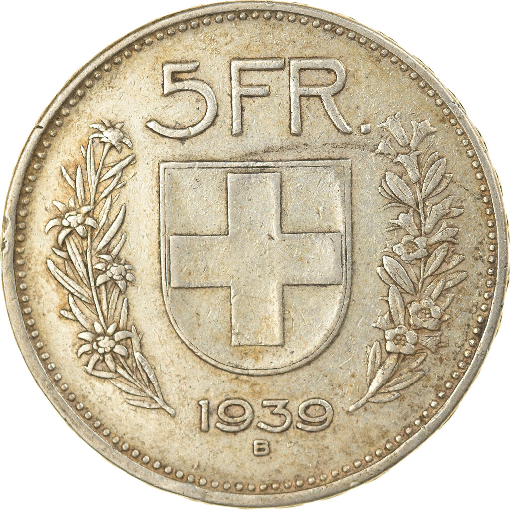 Coin, Switzerland, 5 Francs, 1939, Bern, EF(40-45), Silver, KM:40