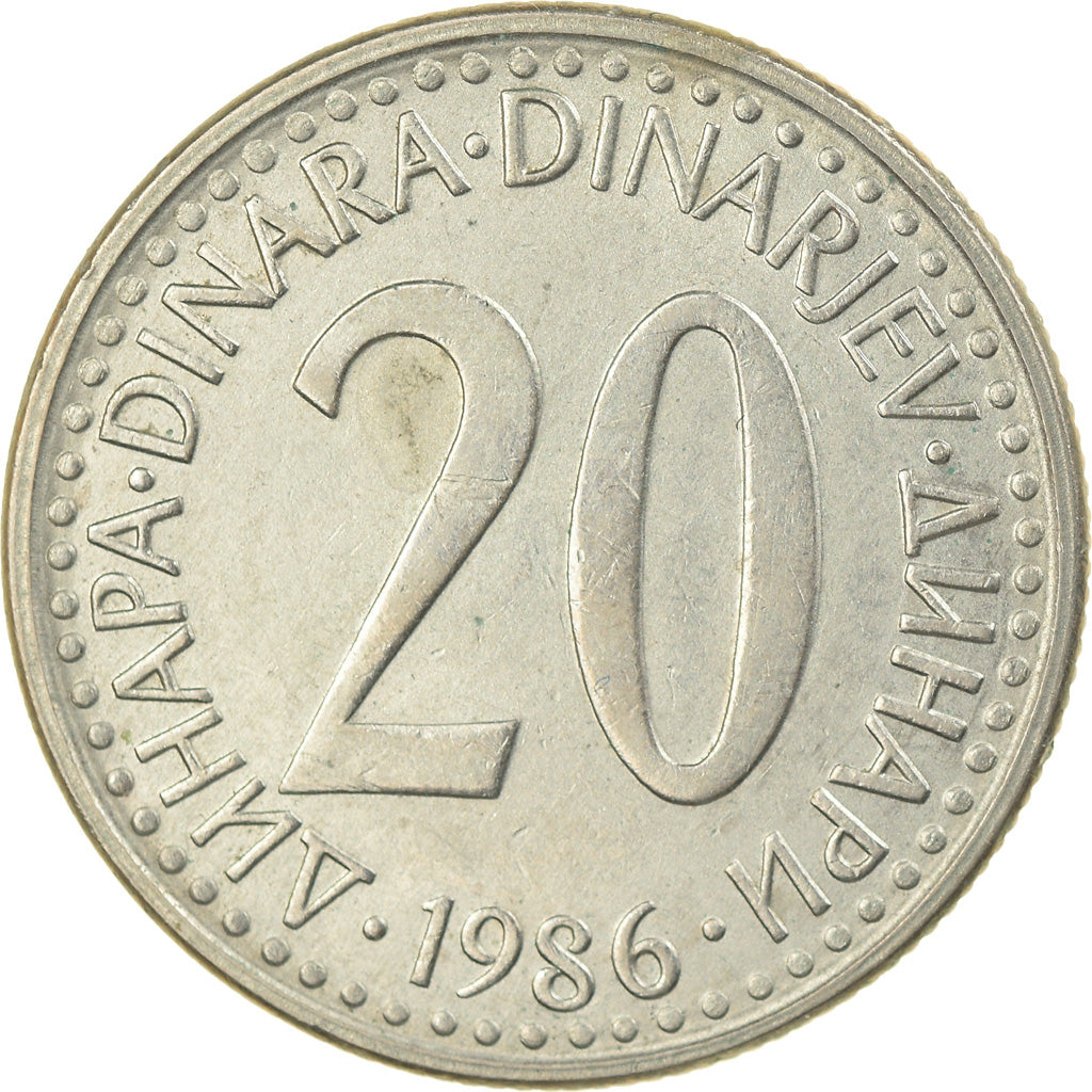Coin, Yugoslavia, 20 Dinara, 1986, AU(55-58), Copper-Nickel-Zinc, KM:112