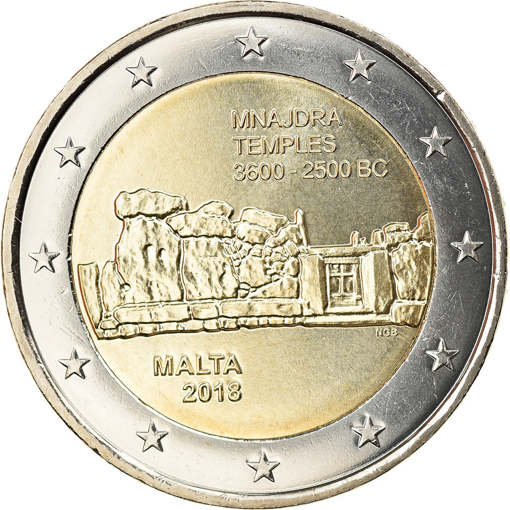 Malta, 2 Euro, Mnajdra Temples, 2018, MS(63), Bi-Metallic
