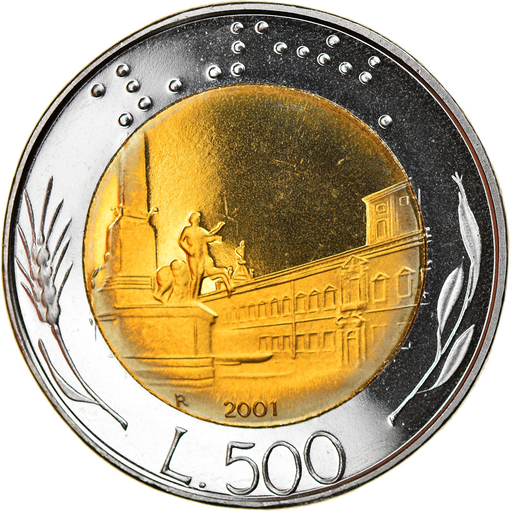 Coin, Italy, 500 Lire, 2001, Rome, Proof, MS(65-70), Bi-Metallic, KM:111