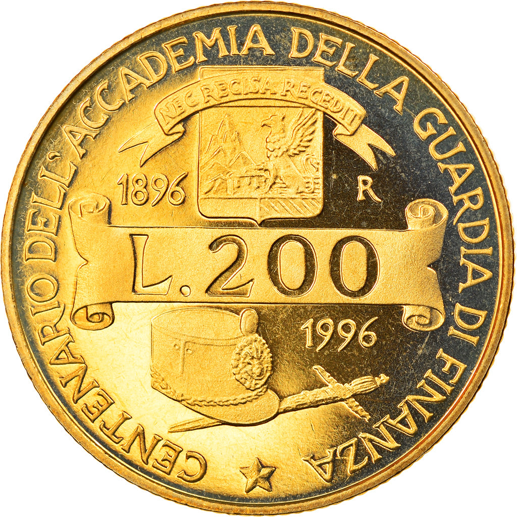 Coin, Italy, 200 Lire, 1996, Rome, Proof, MS(65-70), Aluminum-Bronze, KM:184