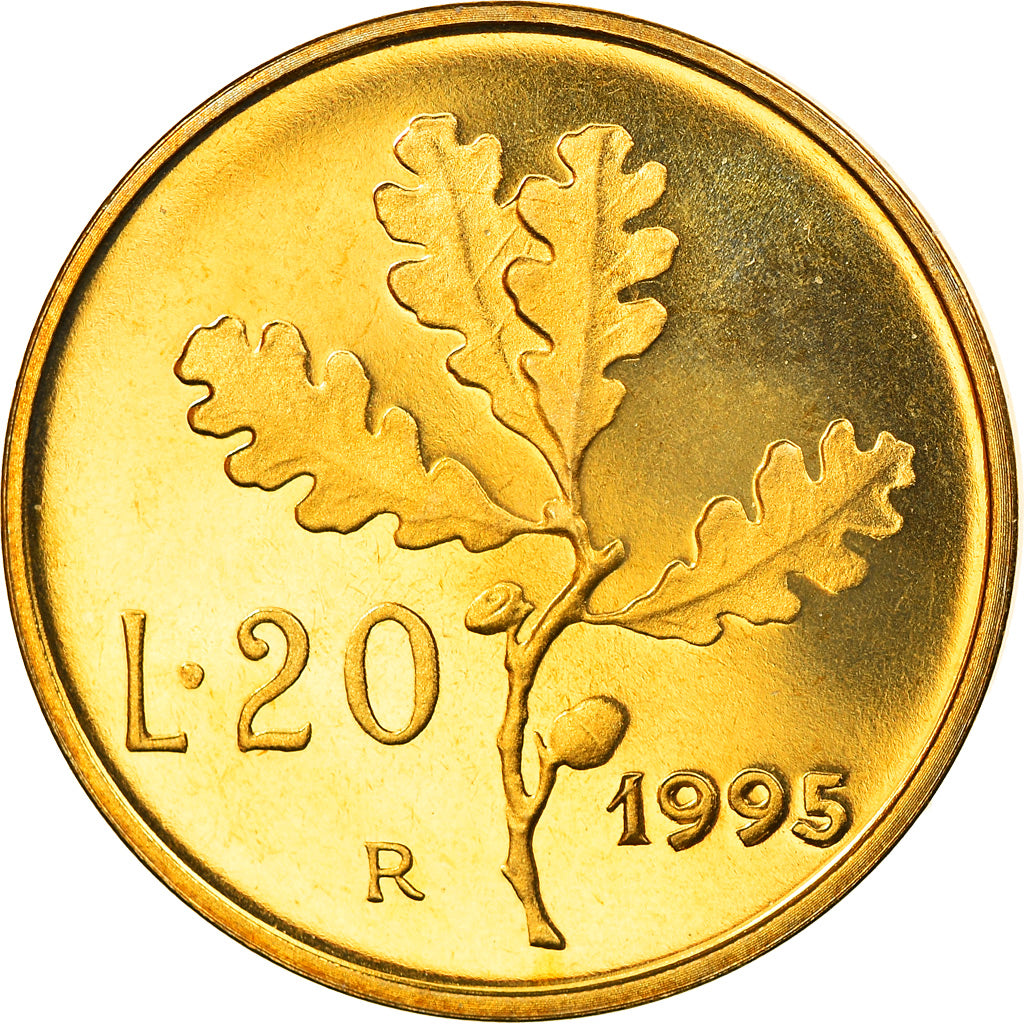 Coin, Italy, 20 Lire, 1995, Rome, Proof, MS(65-70), Aluminum-Bronze, KM:97.2