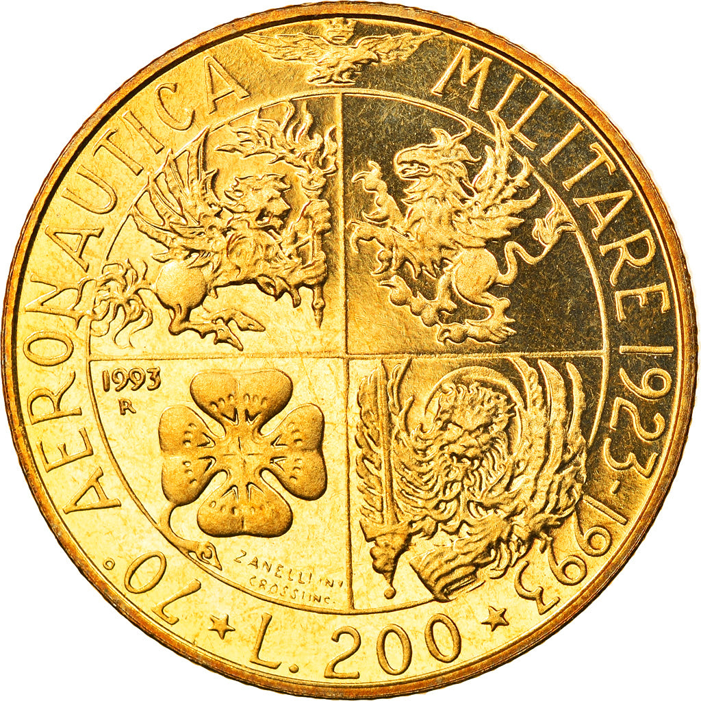 Coin, Italy, 200 Lire, 1993, Rome, Proof, MS(65-70), Aluminum-Bronze, KM:155