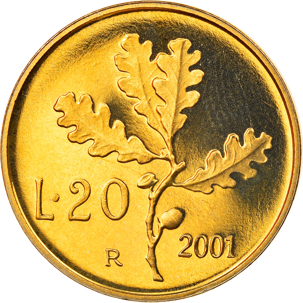 Coin, Italy, 20 Lire, 2001, Rome, Proof, MS(65-70), Aluminum-Bronze, KM:97.2