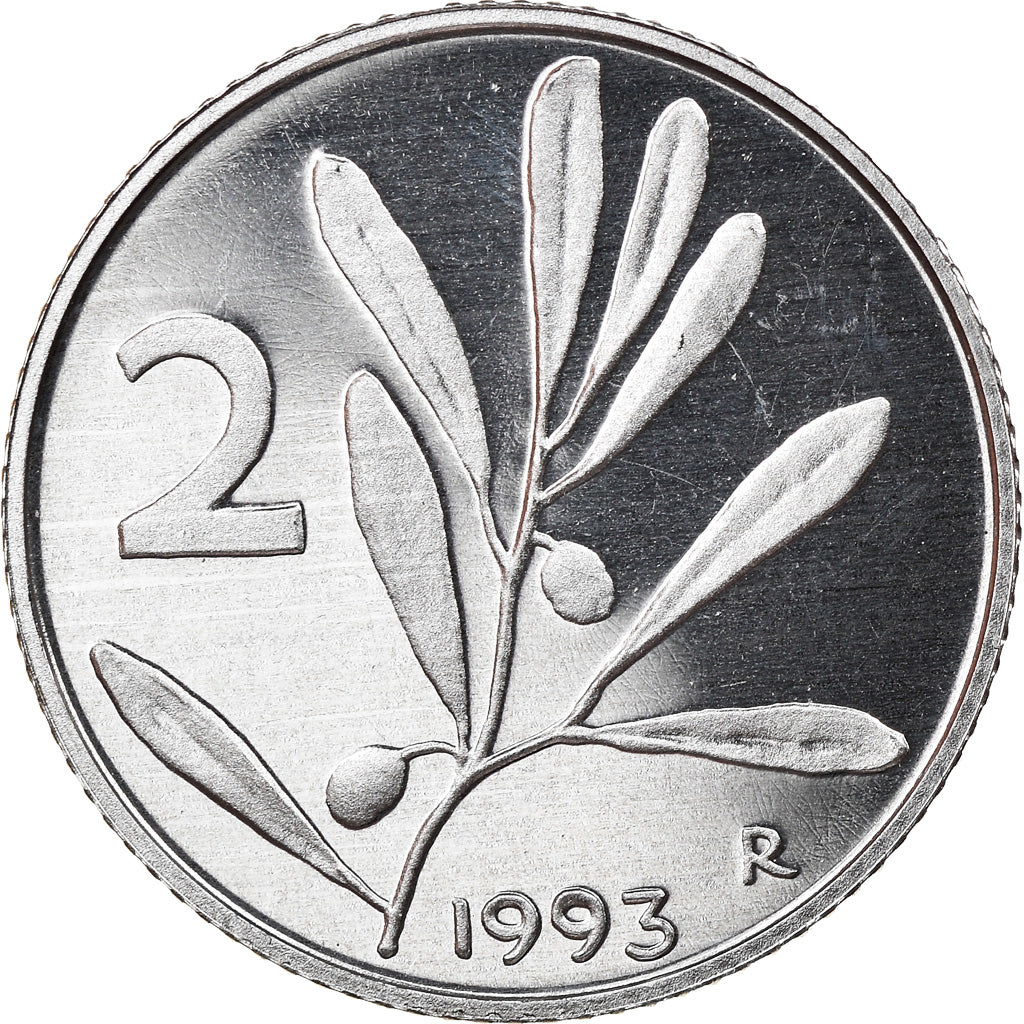 Coin, Italy, 2 Lire, 1993, Rome, Proof, MS(65-70), Aluminum, KM:94
