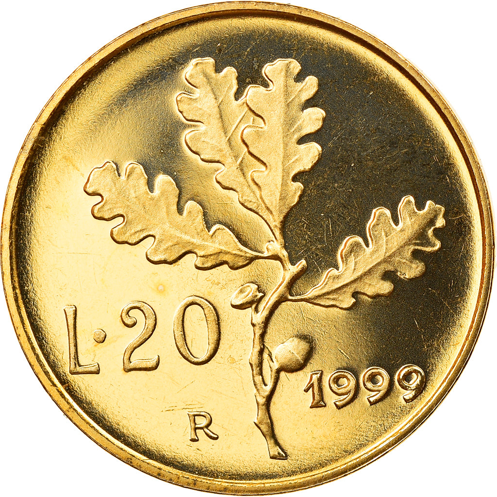 Coin, Italy, 20 Lire, 1999, Rome, Proof, MS(65-70), Aluminum-Bronze, KM:97.2
