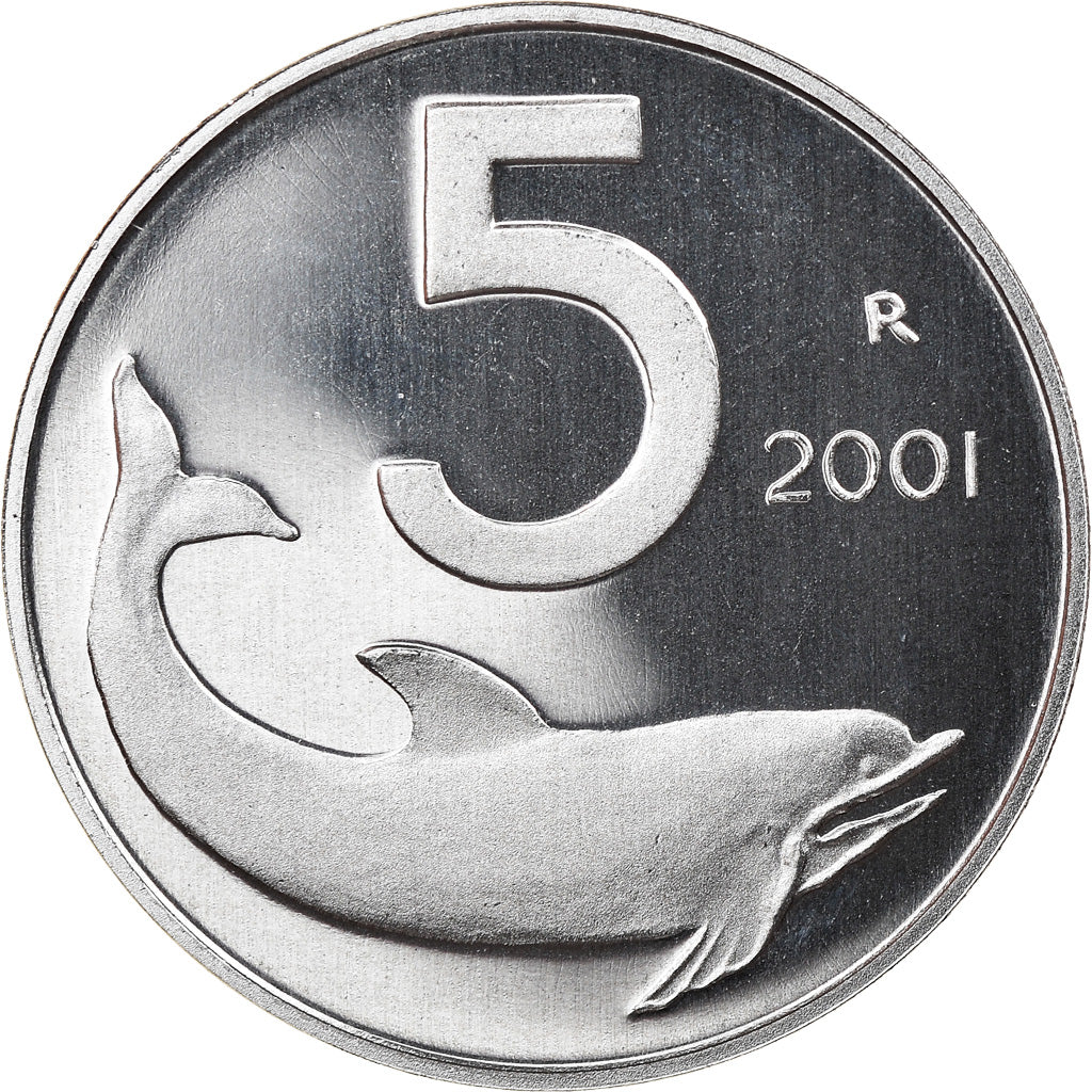 Coin, Italy, 5 Lire, 2001, Rome, Proof, MS(65-70), Aluminum, KM:92