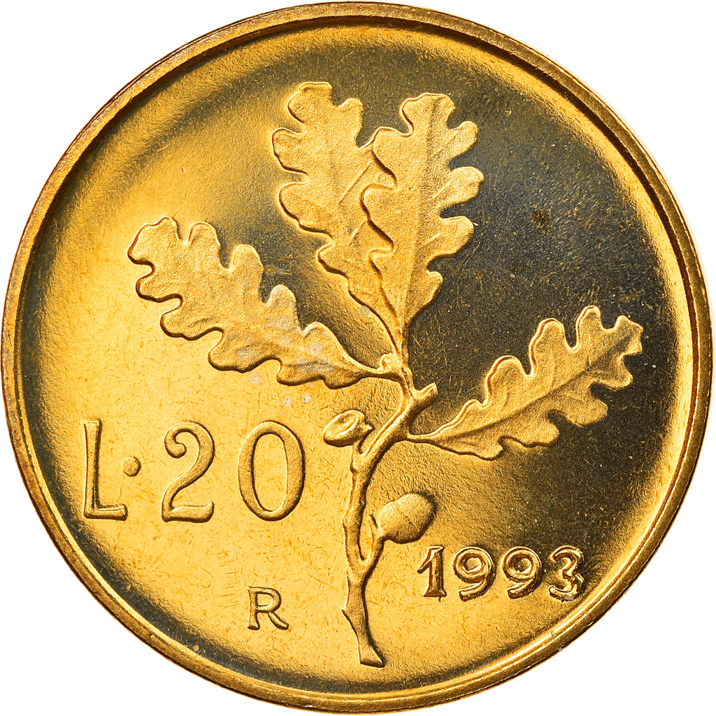 Coin, Italy, 20 Lire, 1993, Rome, Proof, MS(65-70), Aluminum-Bronze, KM:97.2